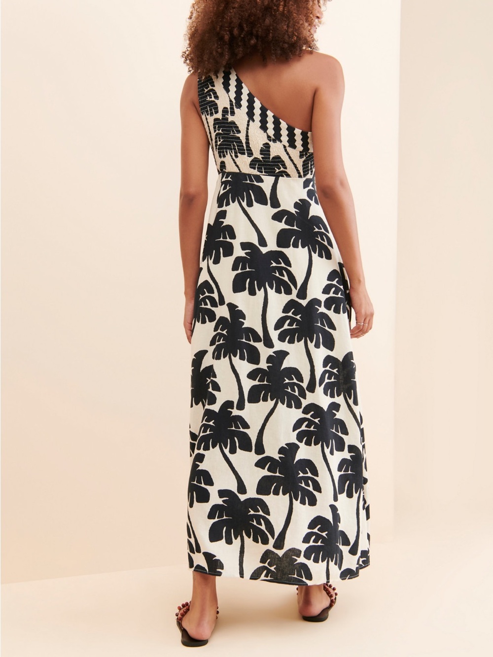 Farm Rio One Shoulder Linen Palm Tree Dress | Black & White | Size Small - Picture 3 of 14